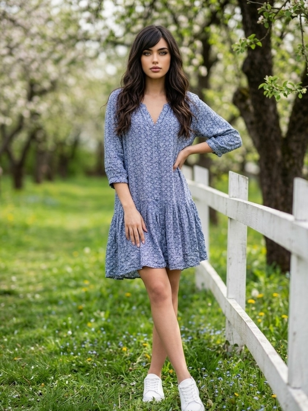 Blue Floral V-Neck Ruffled Dress With Cold Shoulder